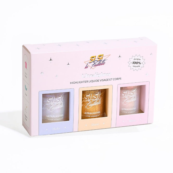 Coffret fermé de 3 Body Highlighters pailletés Holo, Rose et Doré