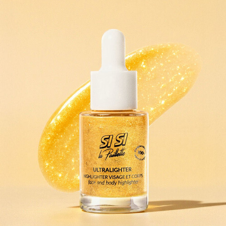 Body Highlighter pailleté Doré, flacon pipette et teinte